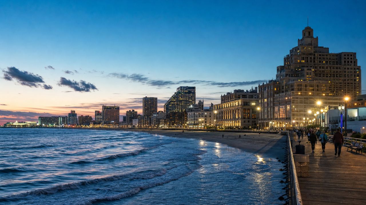 Atlantic City coastline, boardwalk, and skyline at blue hour