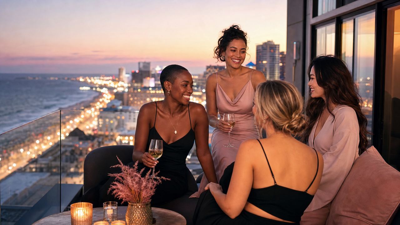 Adult women in conversation on an Atlantic City rooftop terrace at dusk
